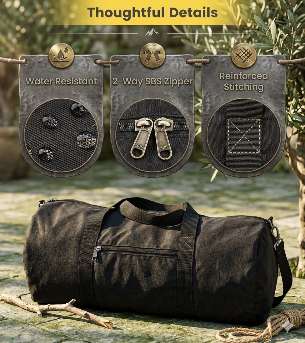 Black duffel bag with features highlighted on a natural background