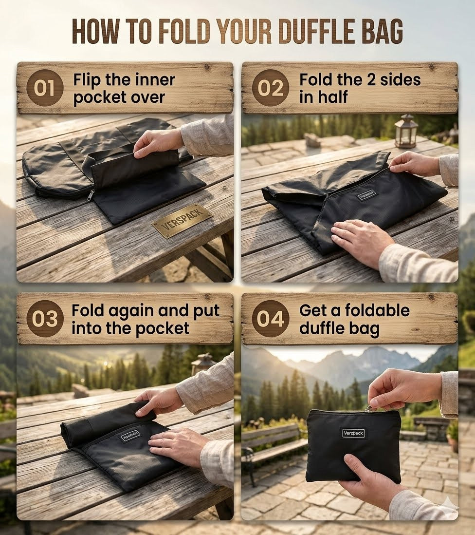 Step-by-step guide on how to fold a duffle bag with images of hands folding the bag.