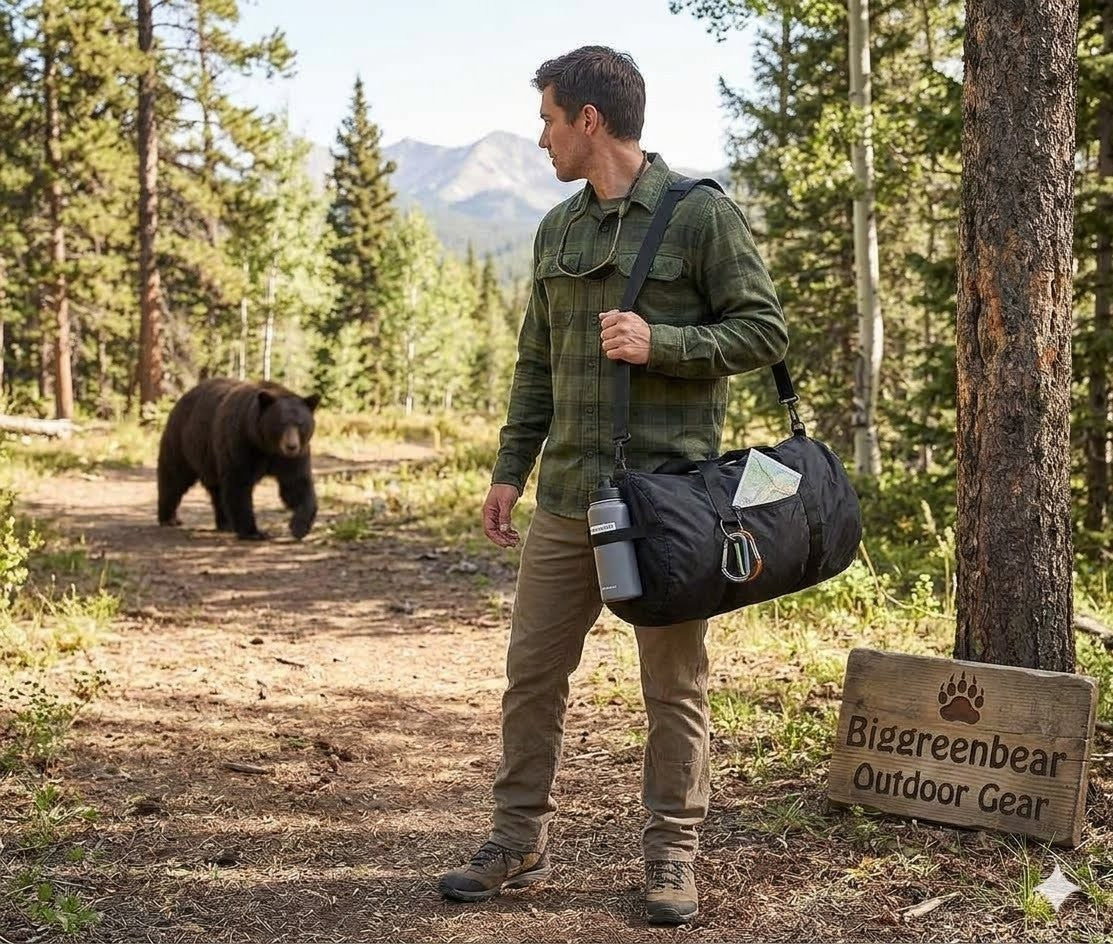 Man with a duffel bag in a forest with a bear in the background, featuring Biggreenbear Outdoor Gear sign.