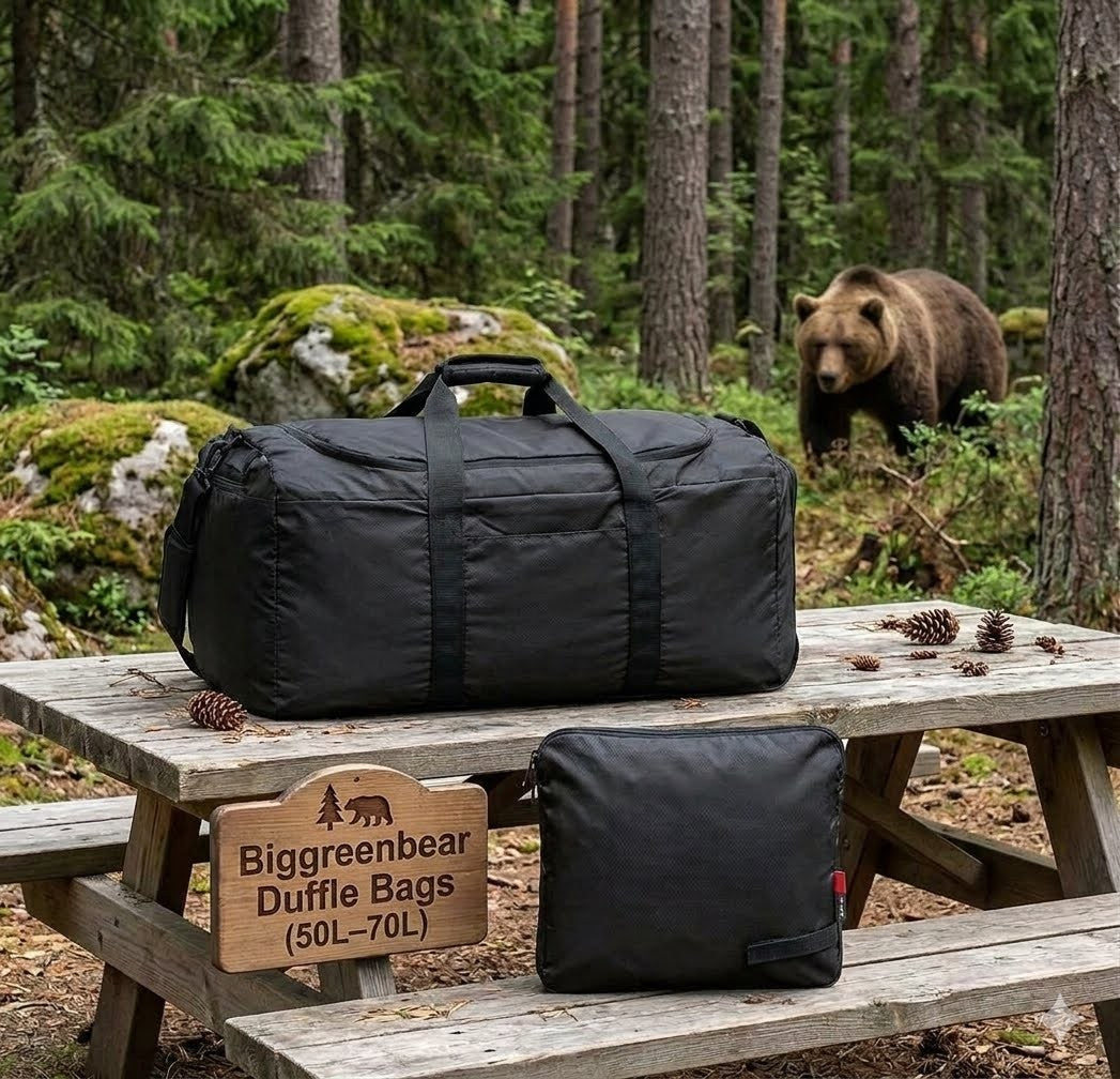 Black duffel bag on a wooden picnic table with a bear in the background in a forest setting. big green bear