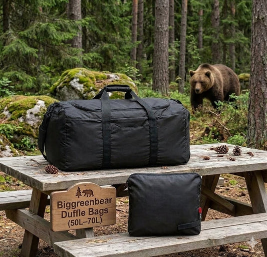 Black duffel bag on a wooden picnic table with a bear in the background in a forest setting. big green bear