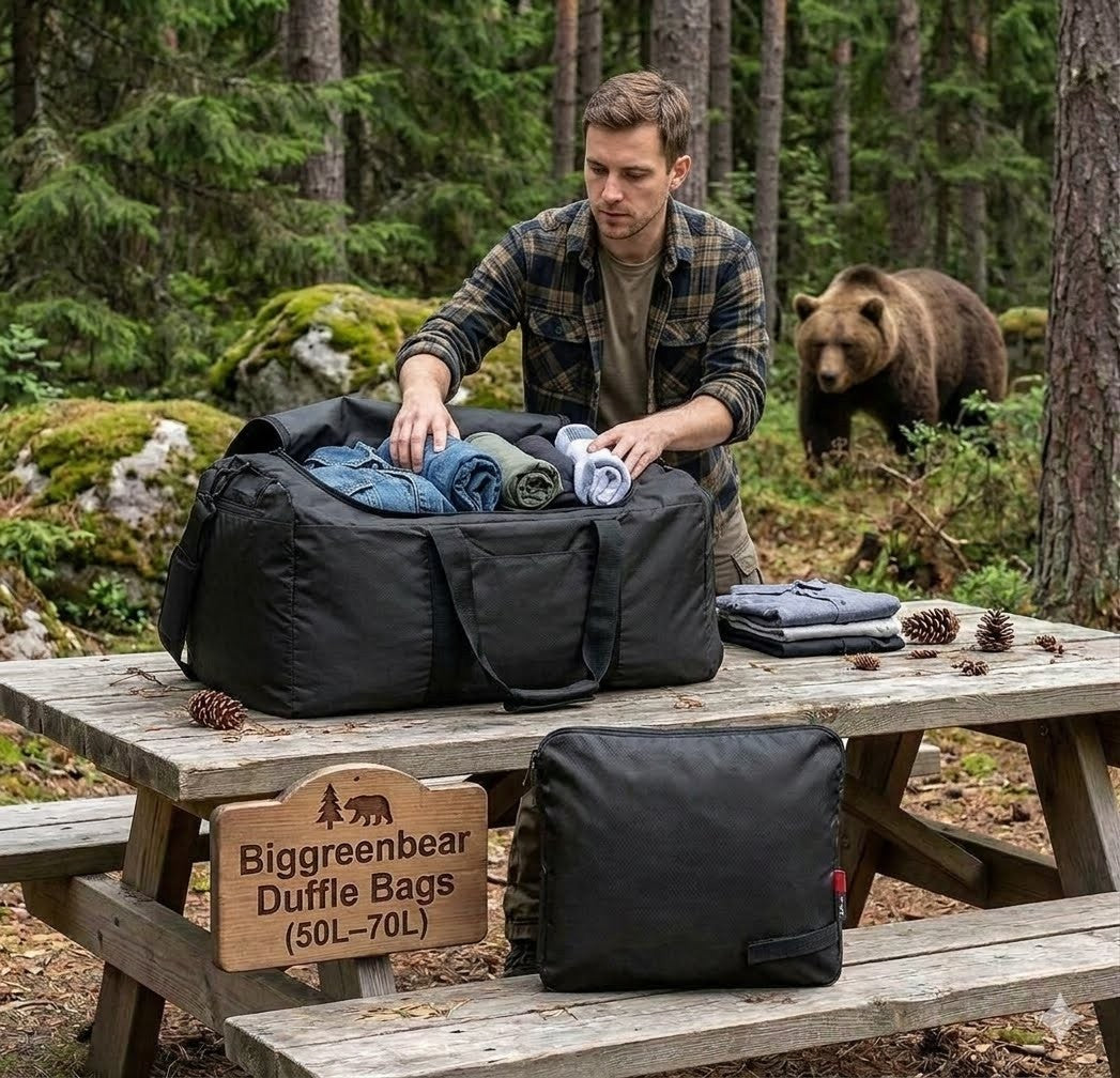 Man packing a duffel bag in a forest with a bear in the background, featuring Biggreenbear Duffle Bags.