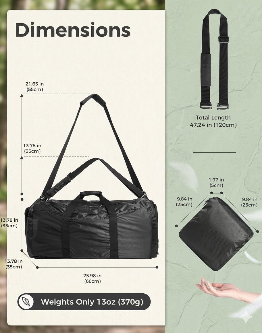 Black duffel bag with measurements and weight details on a green background