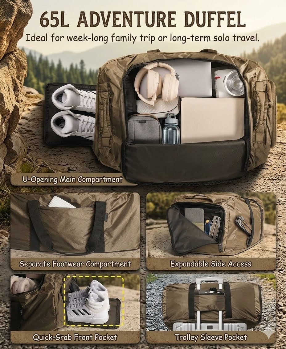 65L Adventure Duffel bag with various compartments and features displayed against a natural background.
