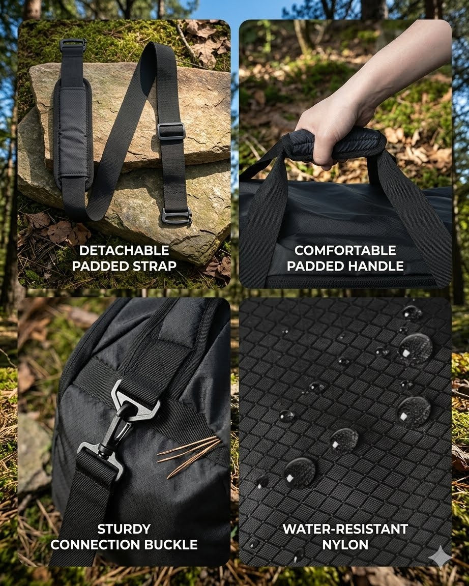 Black backpack with features highlighted on a natural background