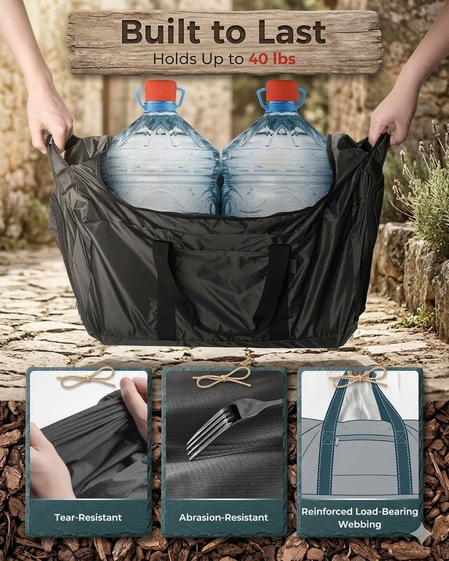 Black carrying bag holding two large water bottles with durability features highlighted.