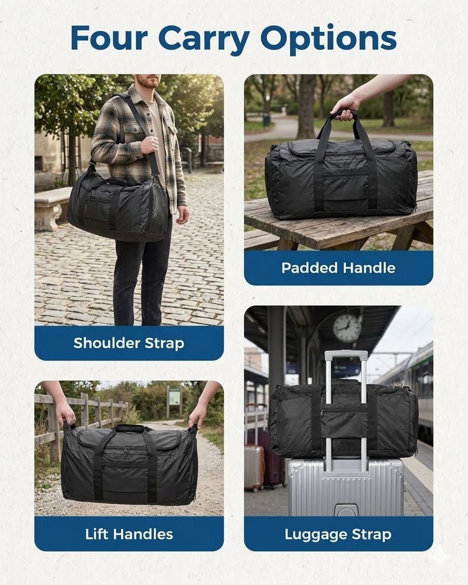 Four ways to carry a black duffel bag with text labels on a white background.