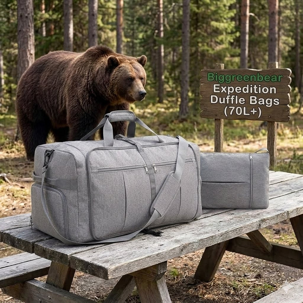 Gray duffel bag on a wooden bench with a bear in the background and a sign for Biggreenbear Expedition Duffle Bags.