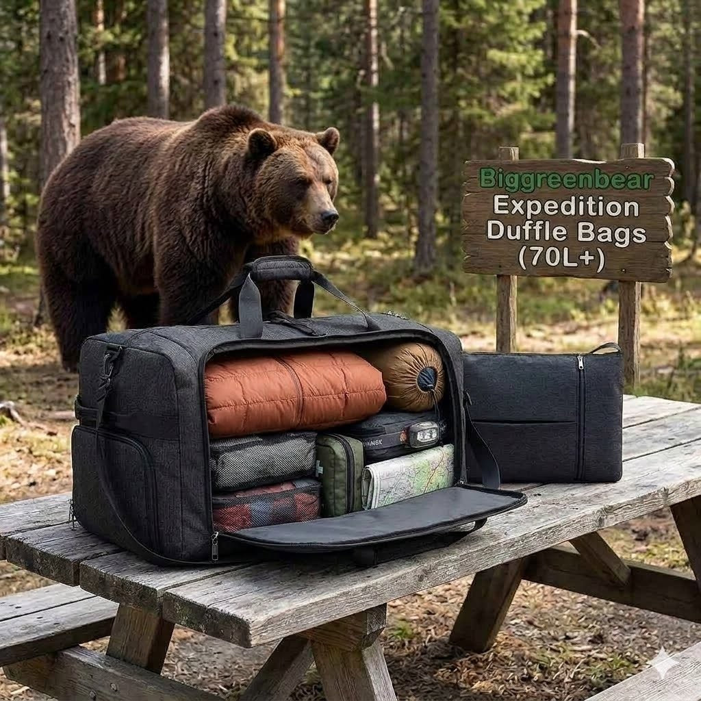 Expedition duffle bag with items on a picnic table in a forest, next to a bear and a sign for Biggreenbear bags.