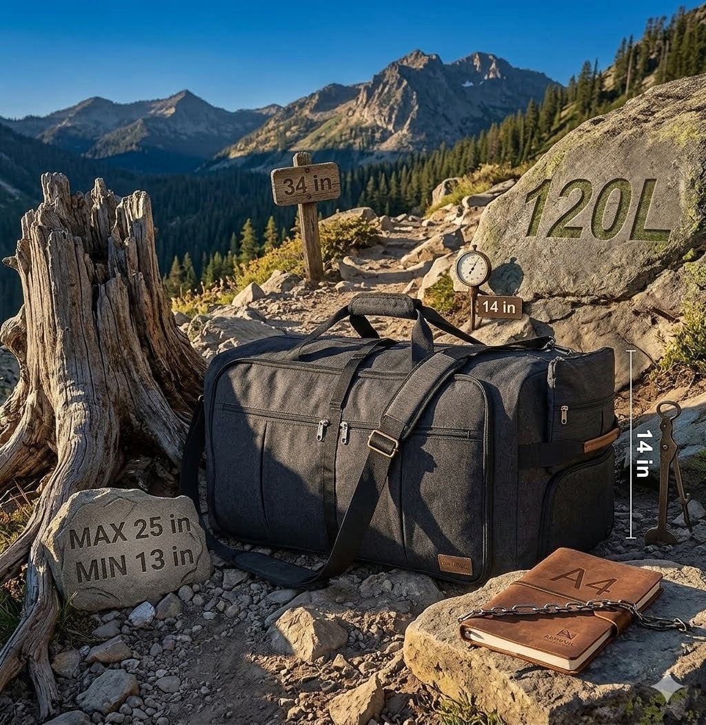 Gray duffel bag on a rocky mountain trail with hiking signs and a notebook.