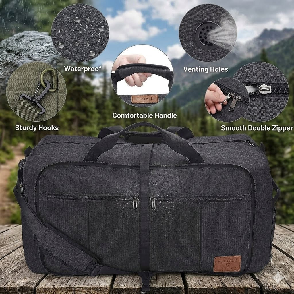 Black duffel bag with features highlighted on a wooden surface with a mountainous background