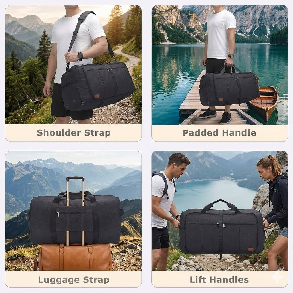 Black travel bag with various features shown in different outdoor settings.