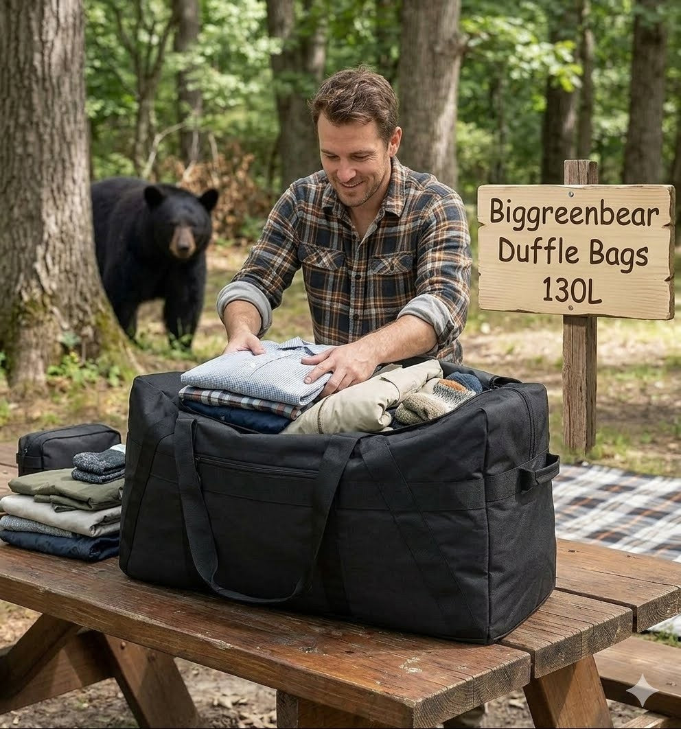 Man packing clothes into a large black duffel bag with a bear in the background and a sign for Biggreenbear Duffle Bags.