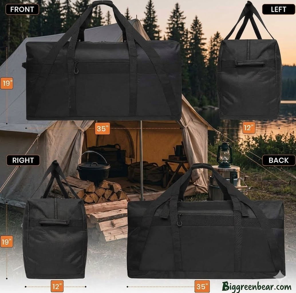 Black duffel bag shown from multiple angles with camping scene in the background
