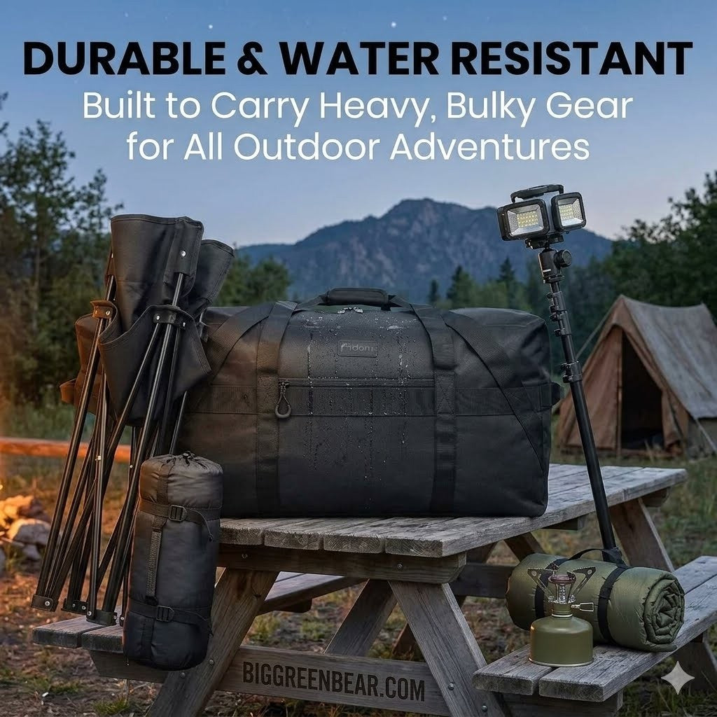 Black duffel bag on a picnic table with camping gear in an outdoor setting, featuring text about durability and water resistance.
