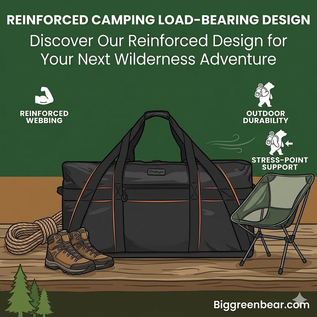 Black camping bag with hiking boots, chair, and rope on a wooden surface with green background and text about reinforced design.