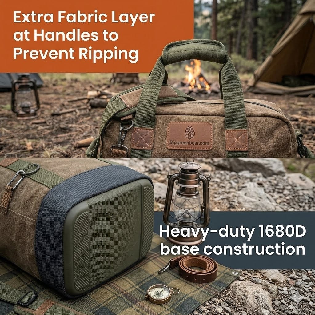 Brown duffel bag with green handles and straps, featuring a lantern and compass on a camping scene background.