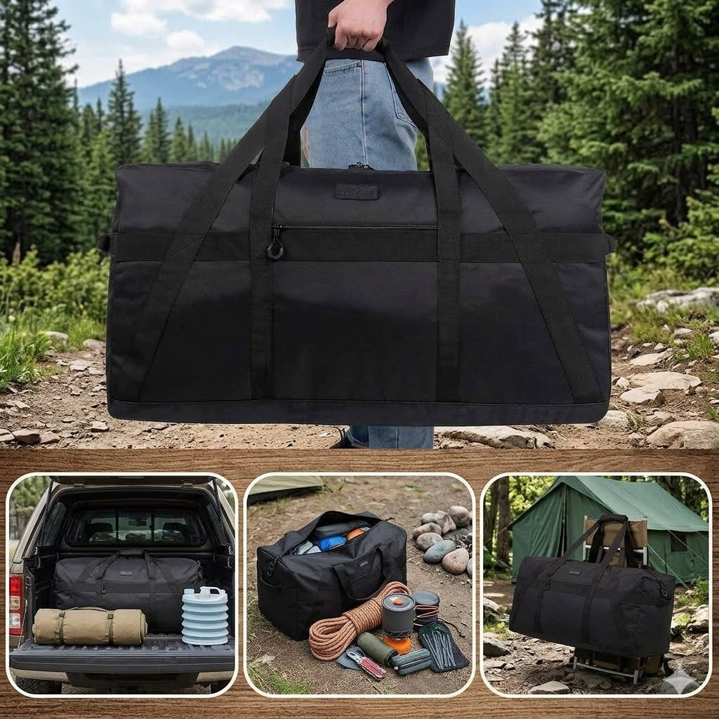 Black duffel bag being carried outdoors with additional images of its use.