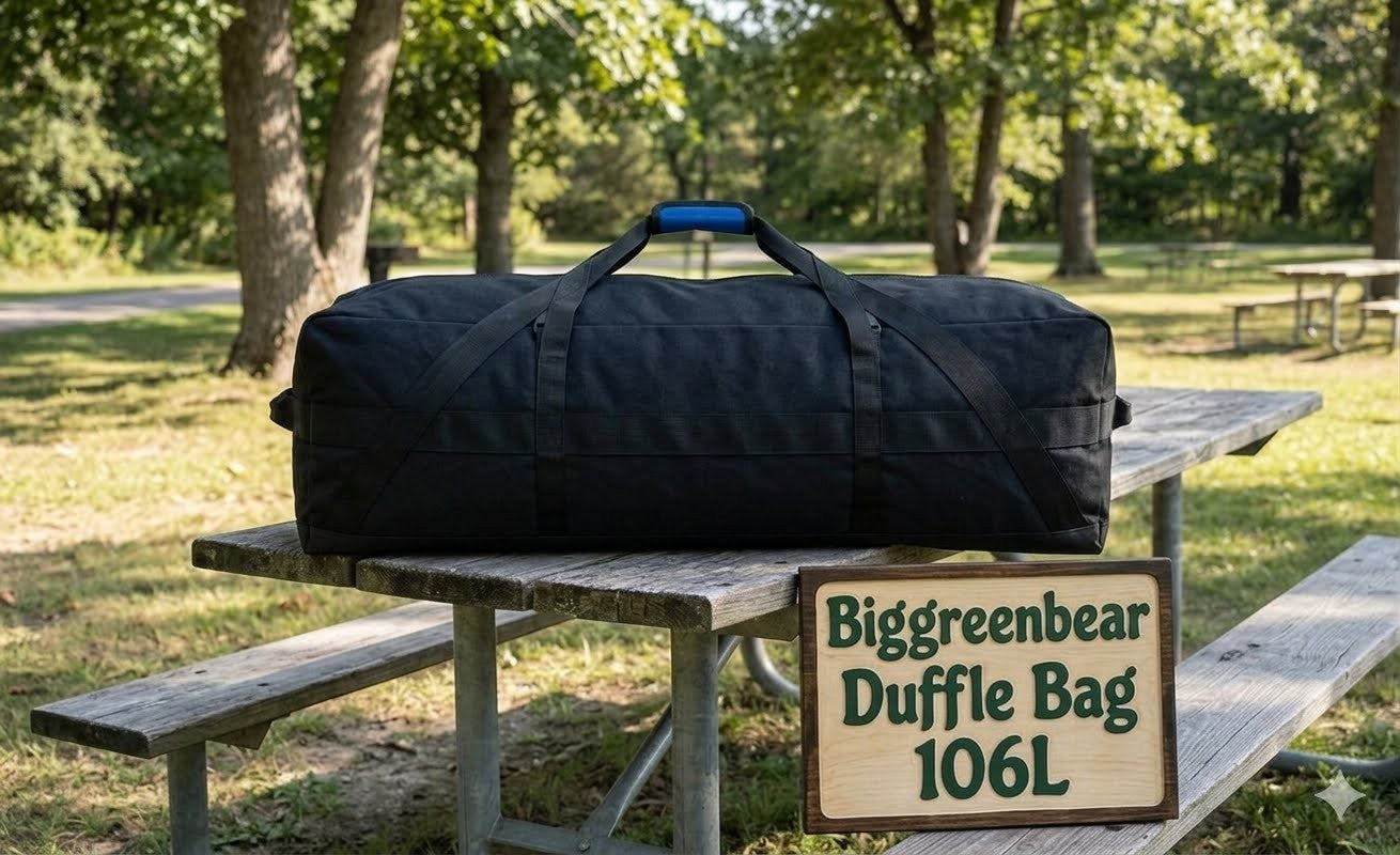 Black duffel bag on a wooden picnic table with 'Biggreenbear' branding in a park setting.