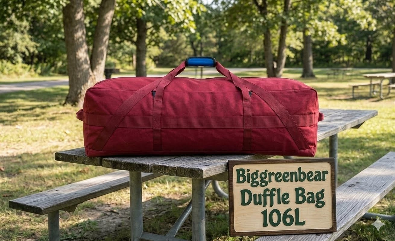 Red duffel bag on a picnic table with 'Biggreenbear Duffle Bag 106L' sign in a park setting