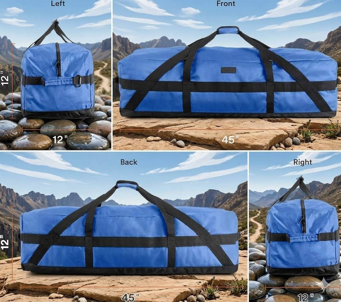 Blue duffel bag with black straps shown from different angles against a mountainous landscape.