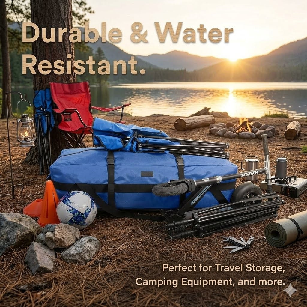 Camping gear including a blue bag, chairs, and equipment by a lake with text about durability and water resistance.