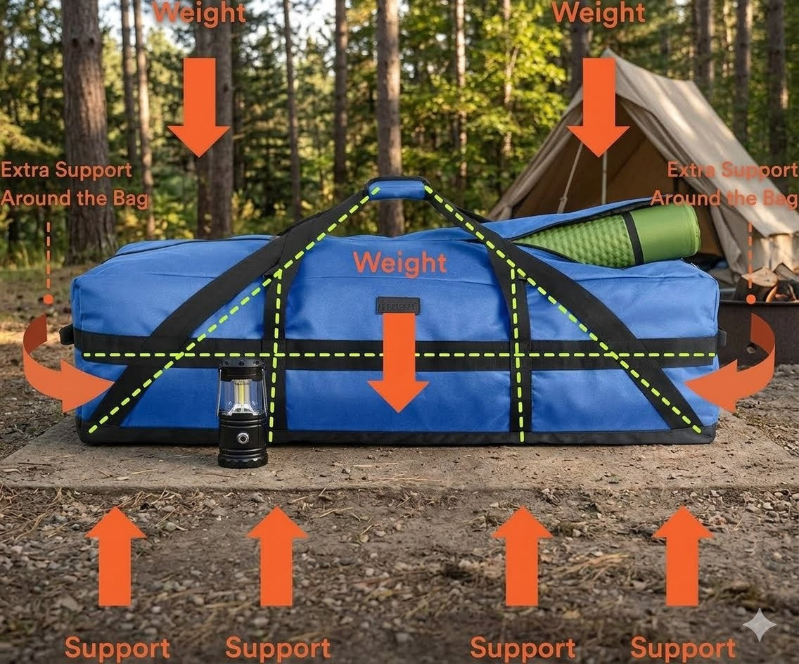 Blue bag with straps labeled for support and weight distribution, set against a forest background.