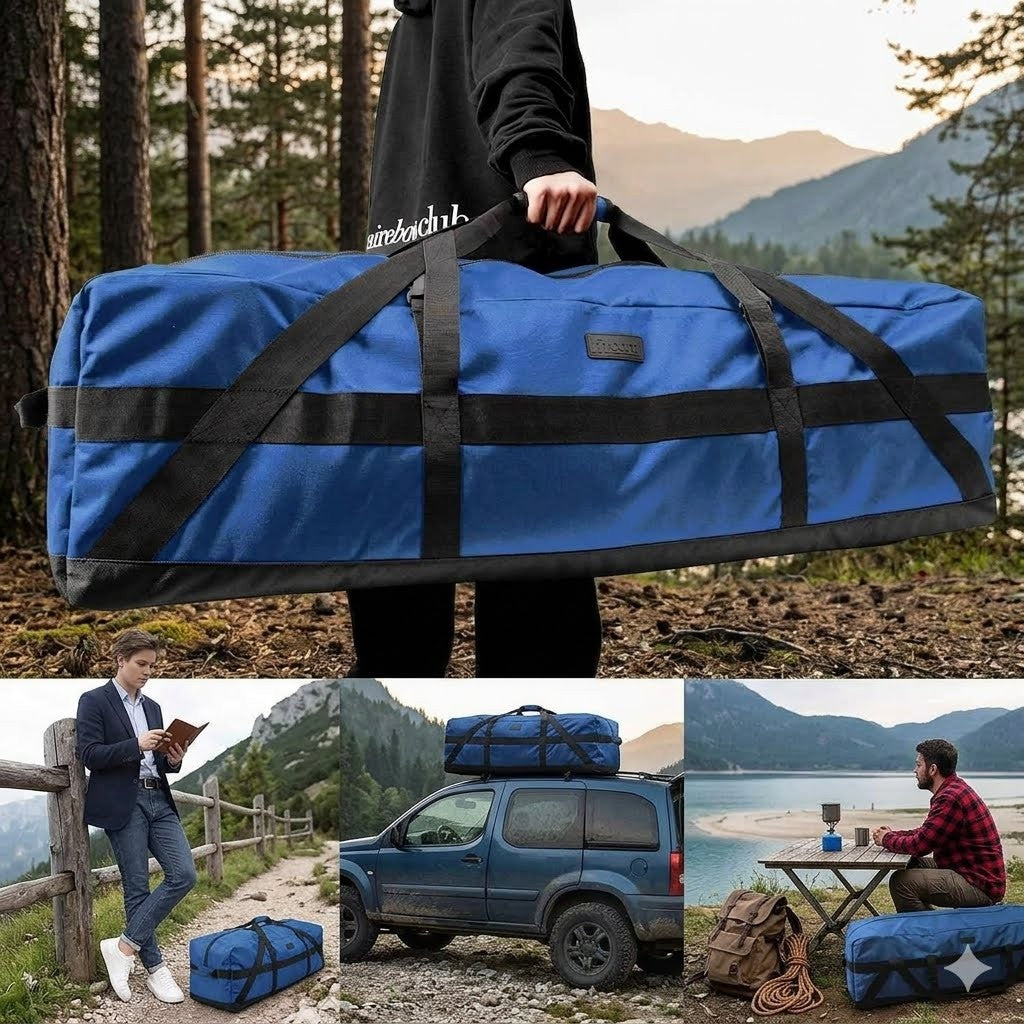 Blue duffel bag with black straps held by a person in a forest setting, with additional scenes of use outdoors.