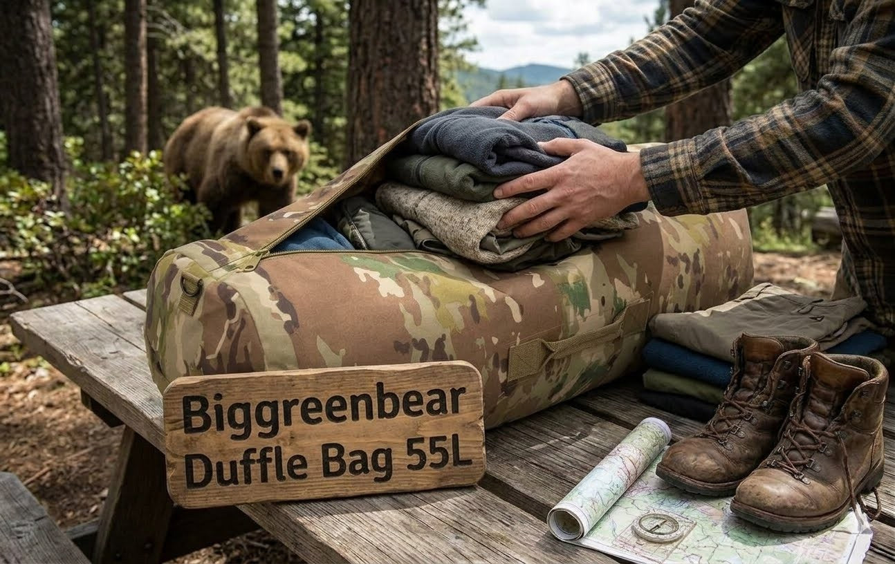 Person packing a Biggreenbear duffel bag with camping gear in a forest setting, with a bear in the background.