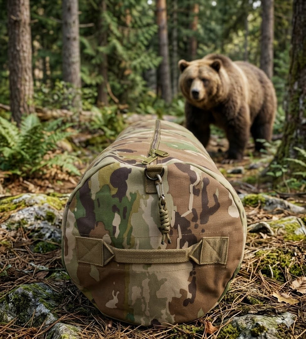 Camouflage bag in a forest with a bear in the background