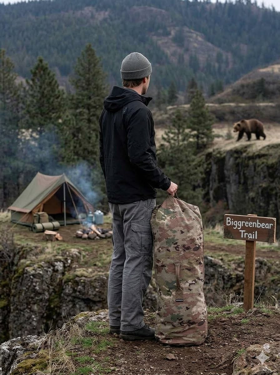 Person with a camouflage bag standing on a trail with a bear and tent in the background