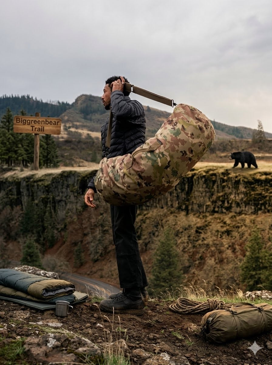 Person carrying a large camouflage backpack with a bear in the background on a trail.