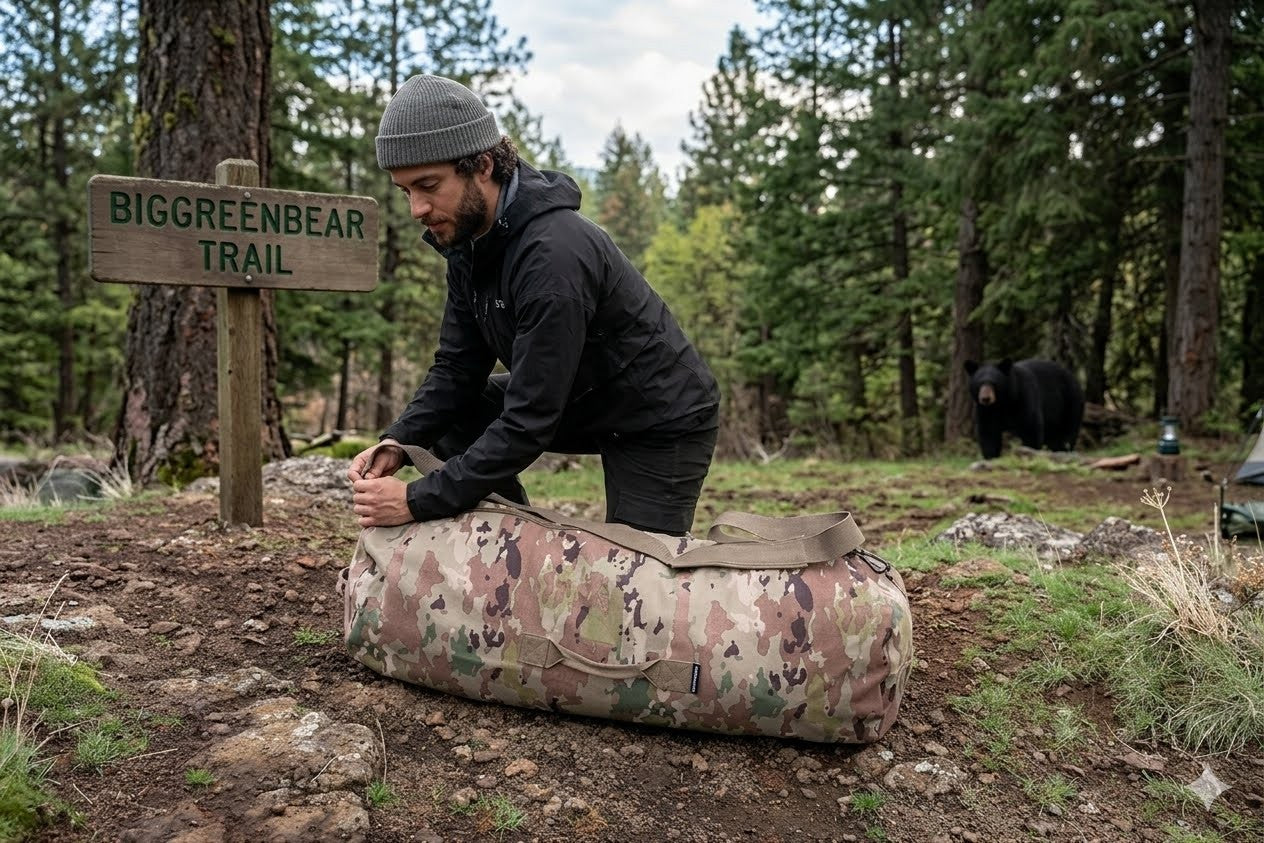 Person in a forest setting with a camouflage bag and Biggreenbear Trail sign.