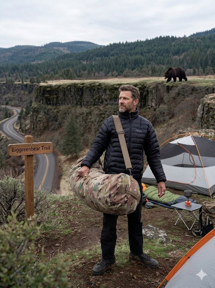 Man with camouflage bag standing near a tent in a scenic outdoor setting with a bear in the background.