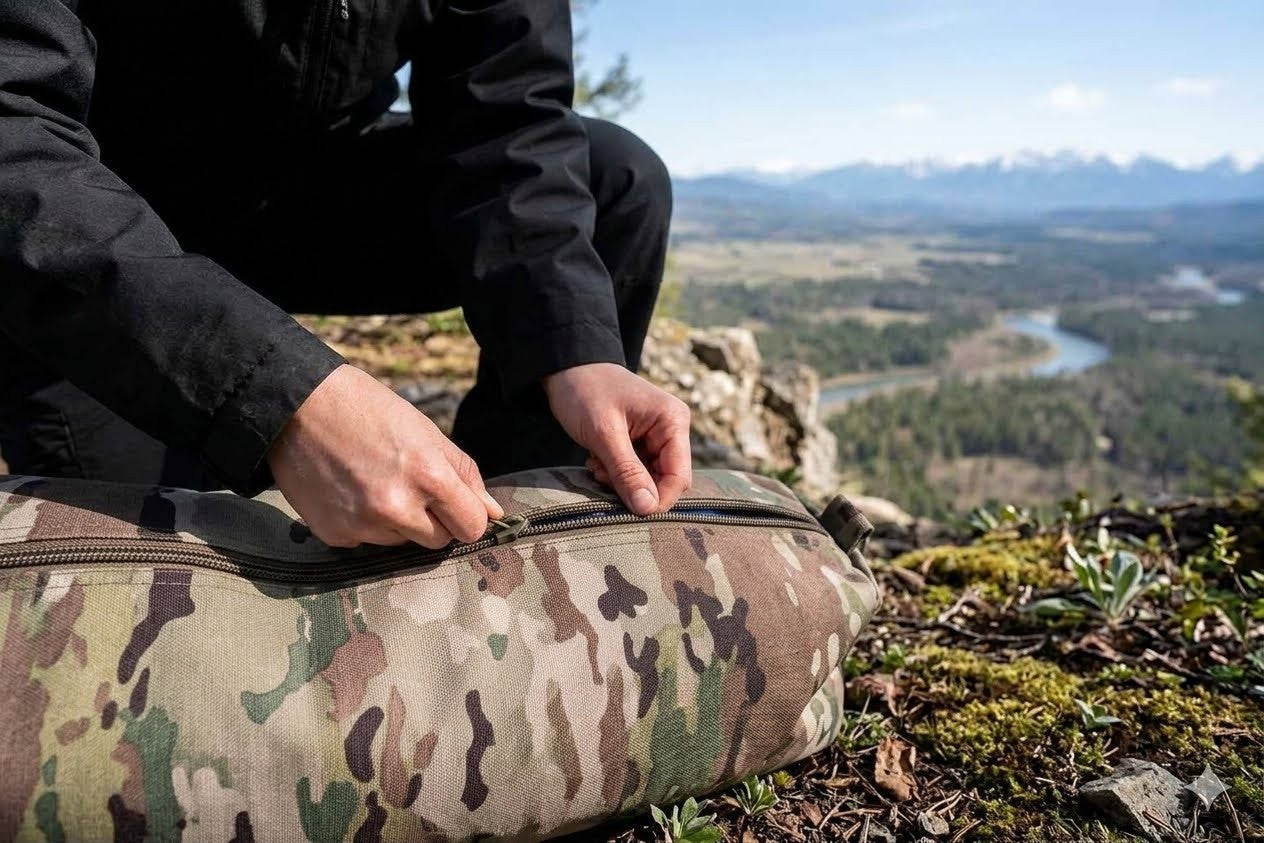 Person packing a camouflage backpack with a scenic mountain view in the background