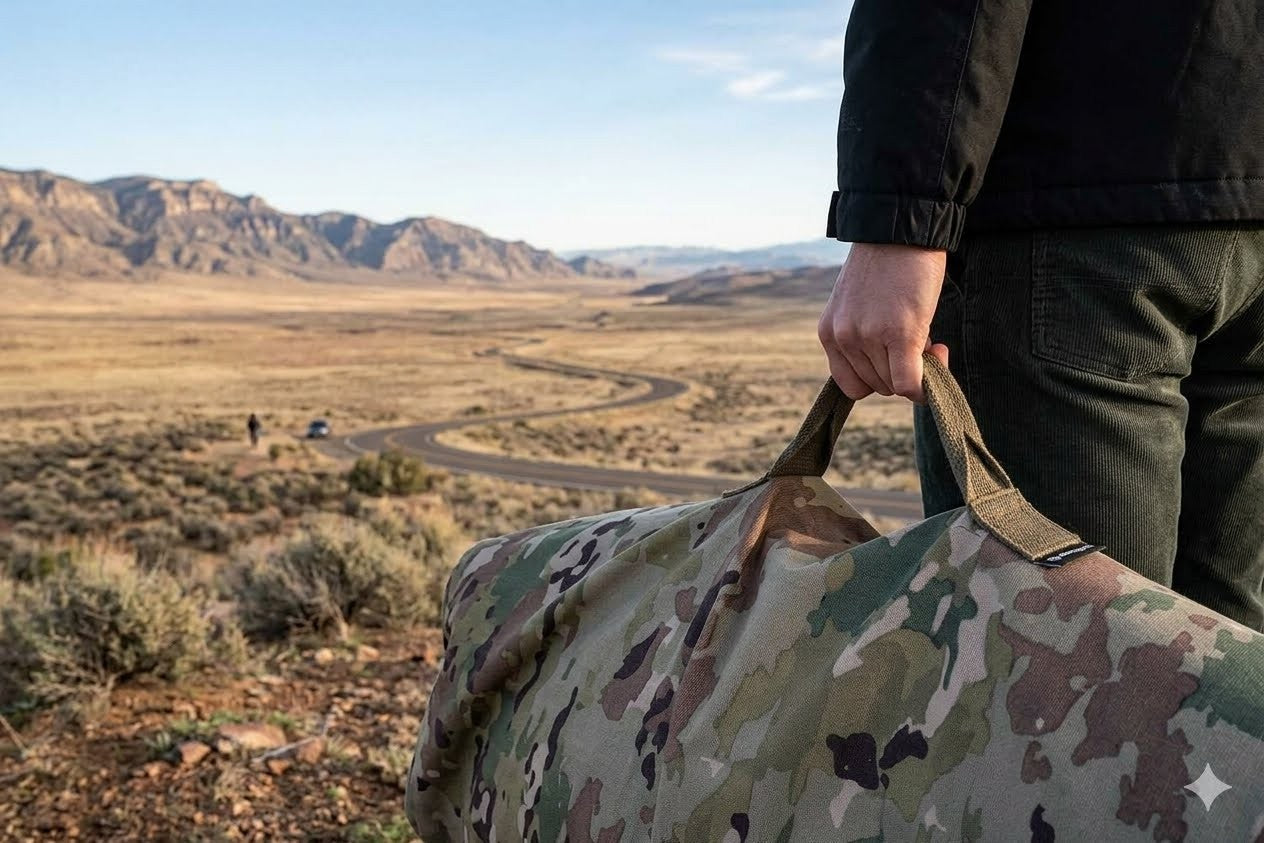 Person holding a camouflage duffel bag in a desert landscape with mountains in the background