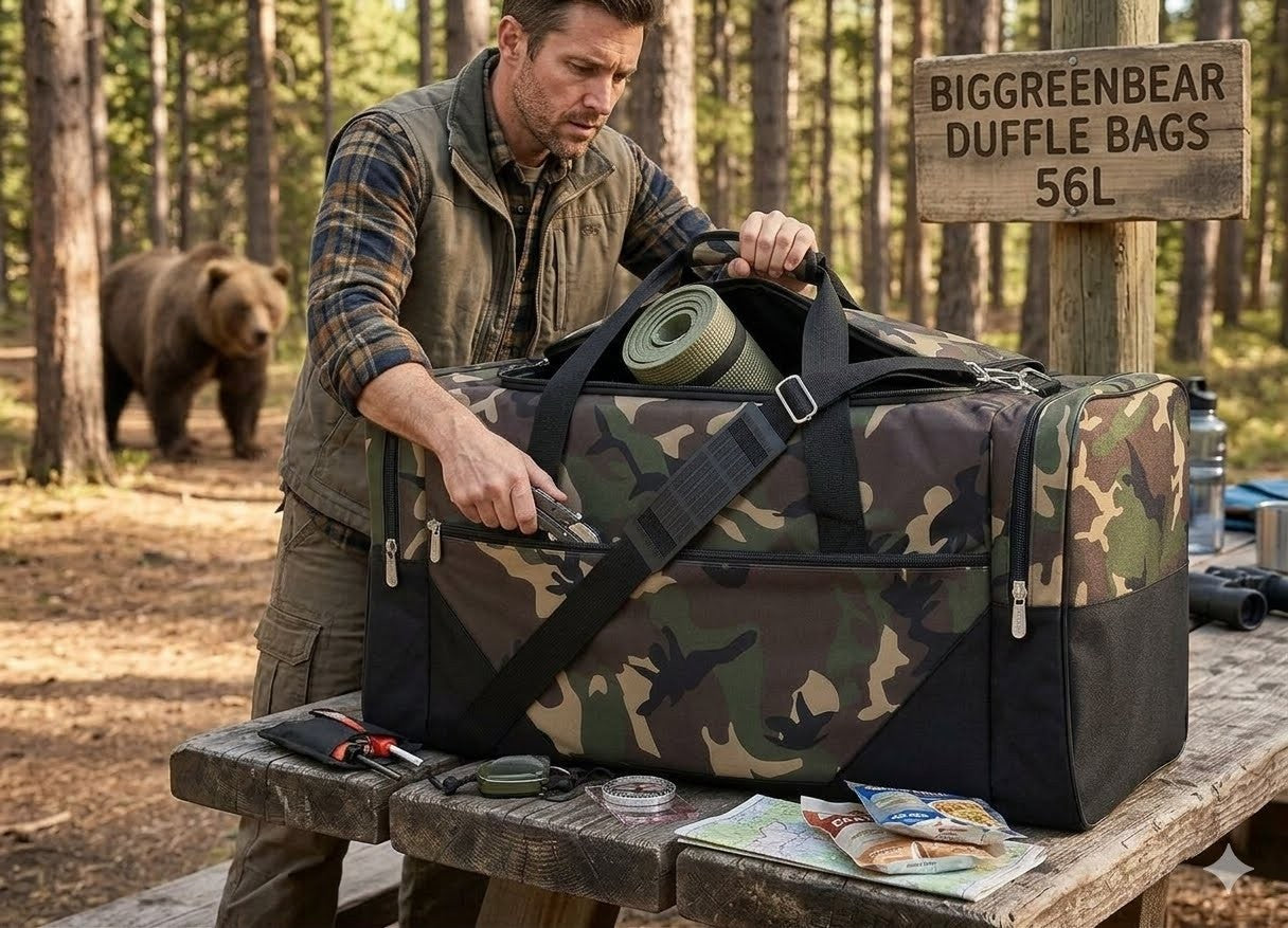 Man packing a camouflage duffel bag in a forest with a bear in the background