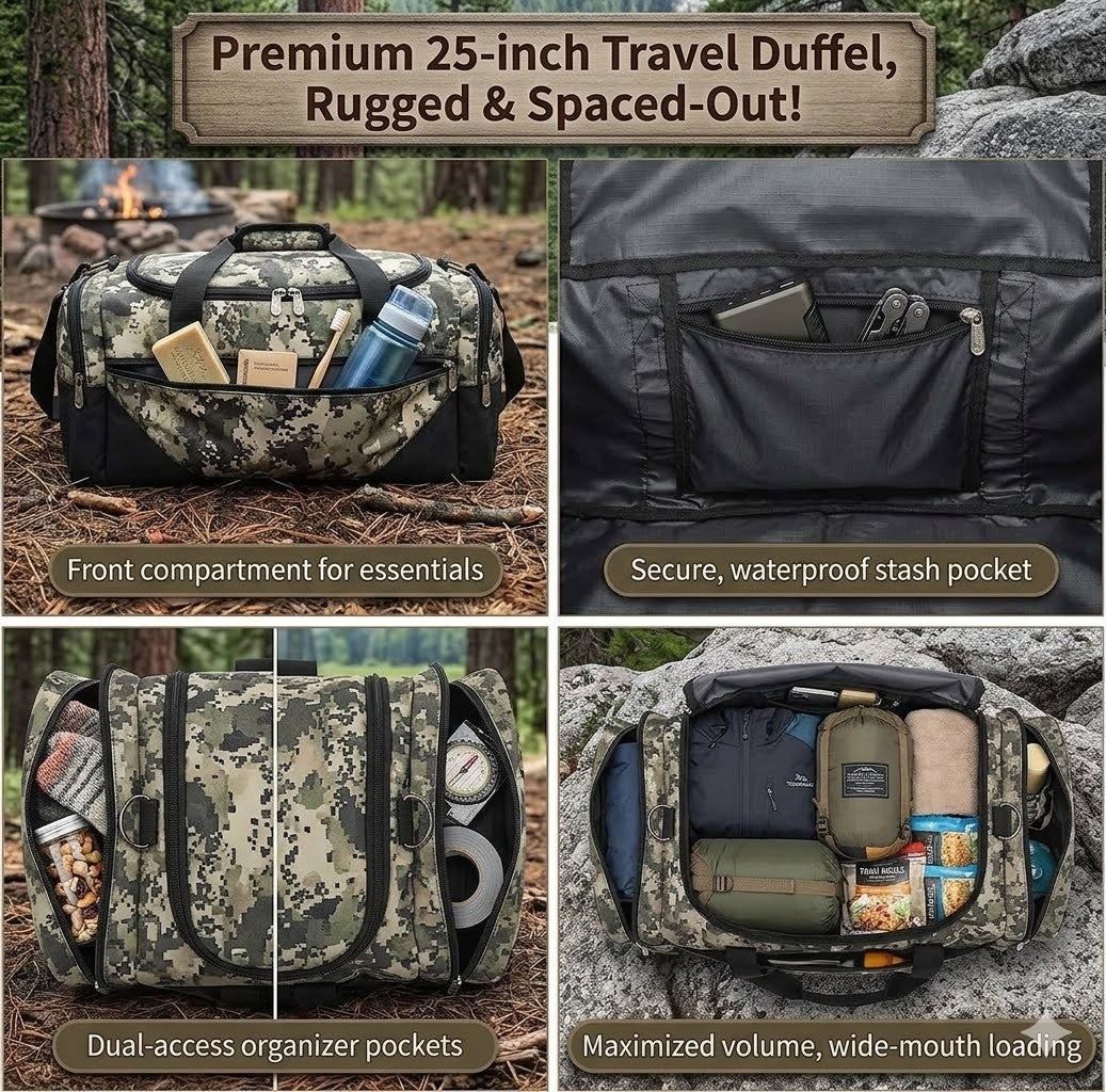 Camouflage travel duffel bag with various compartments and features displayed in a collage.