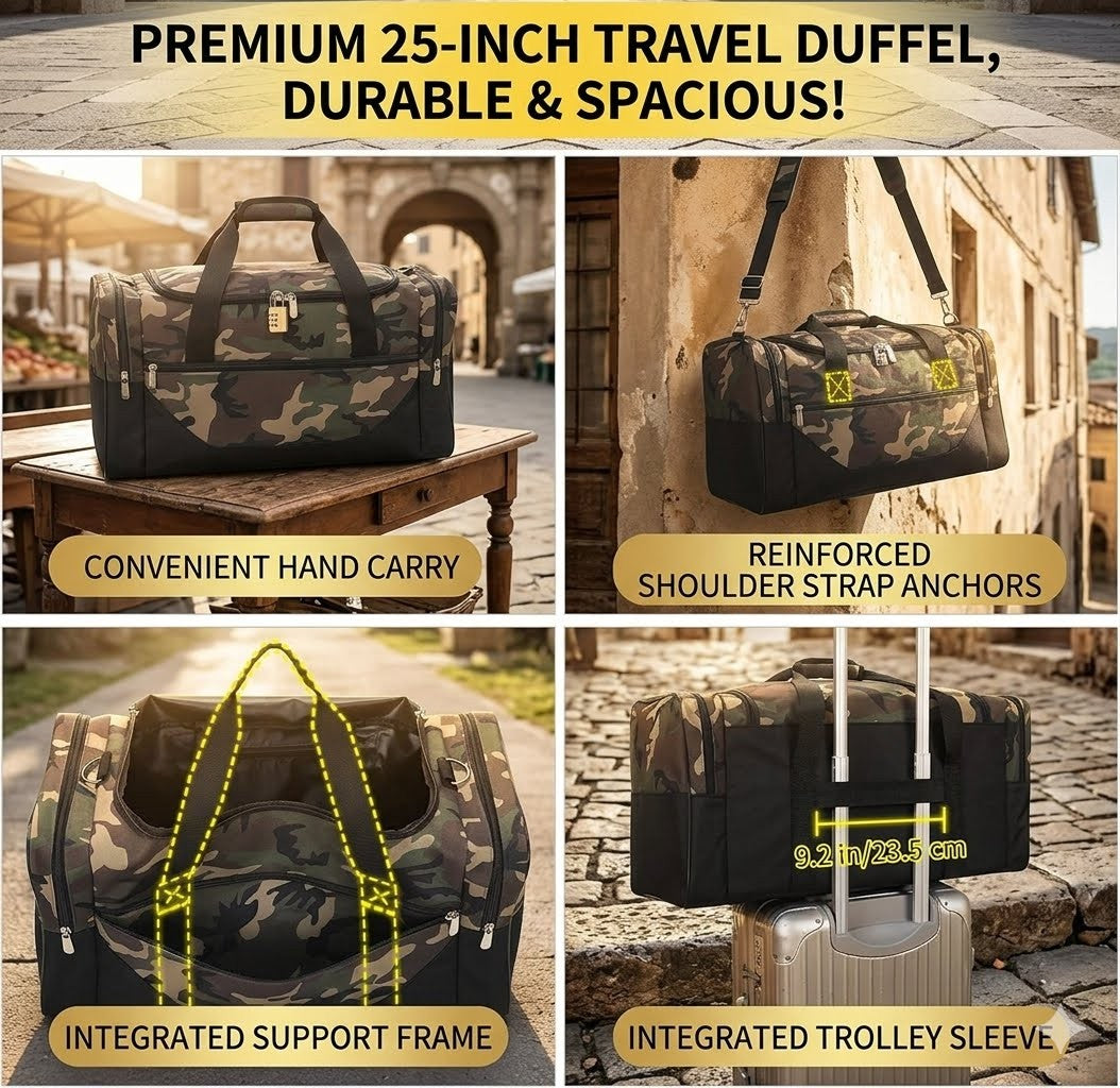 Camouflage travel duffel bag with features highlighted on a stone surface.