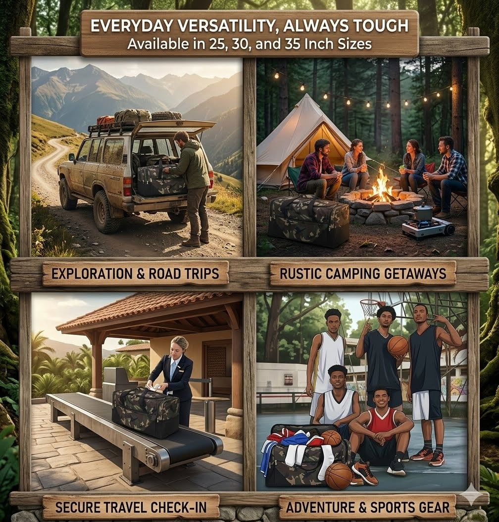 Collage of images showing a vehicle on a trail, people around a campfire, a person with luggage, and a group of people with sports gear, with text about product versatility.