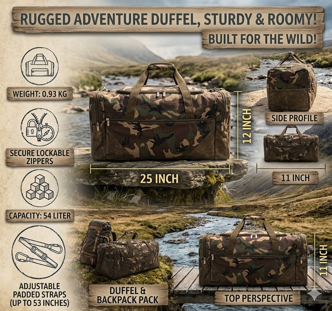 Camouflage duffel bag with features and specifications displayed on a nature-themed background