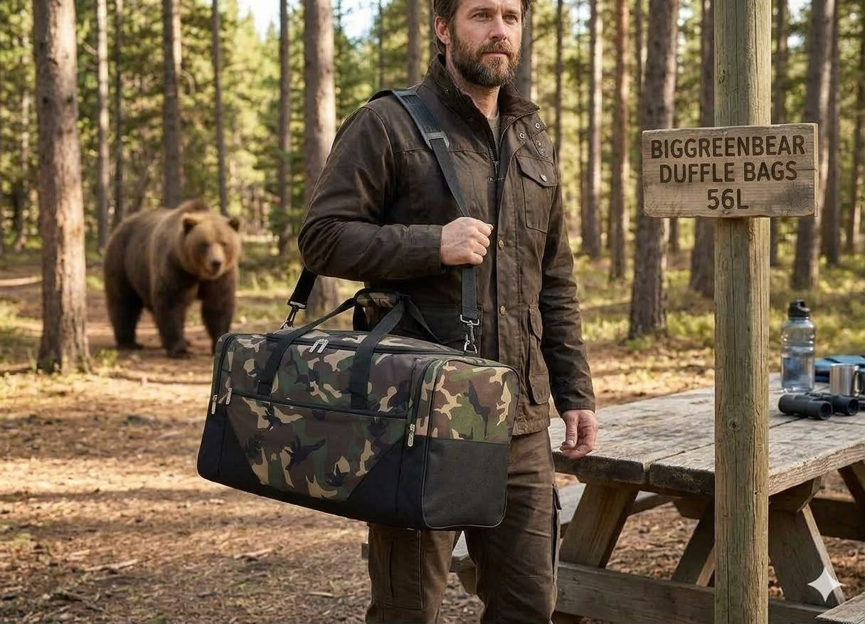 Man holding a camouflage duffel bag in a forest with a bear in the background.