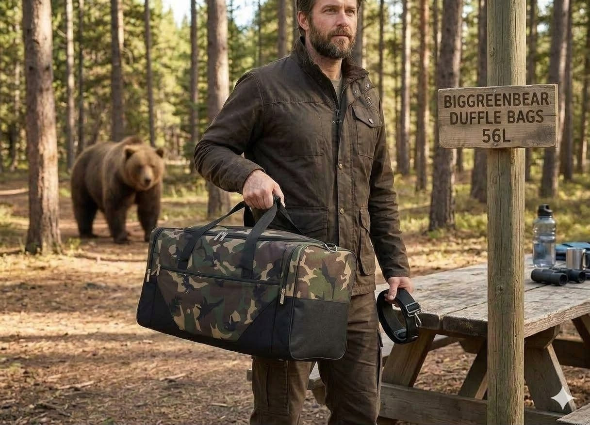 Man holding a camouflage duffel bag in a forest with a bear in the background.