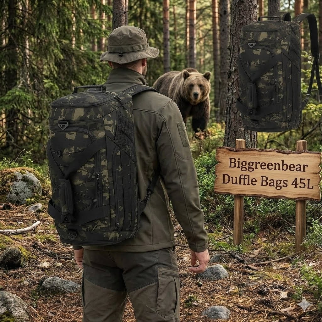 Man with a camouflage backpack in a forest with a bear and a sign for Biggreenbear Duffle Bags 45L.