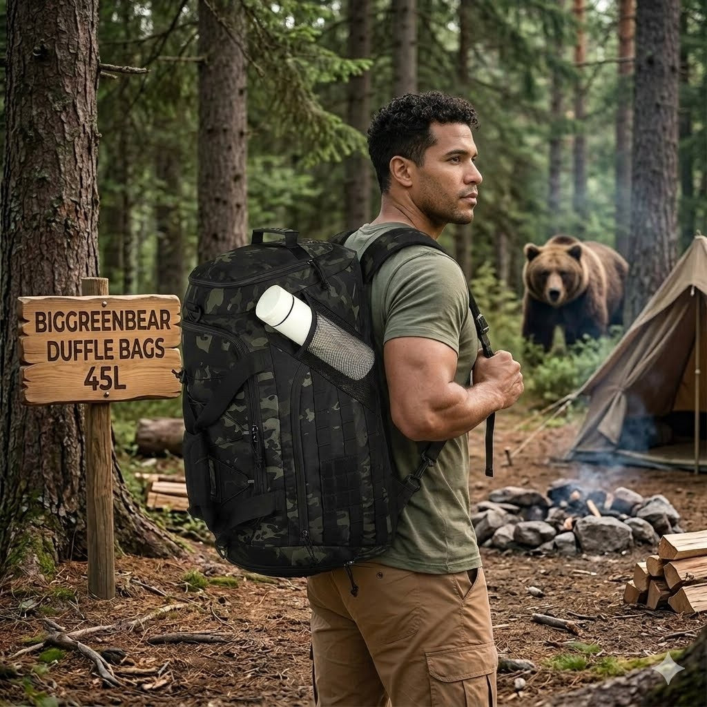 Man with a backpack in a forest with a bear and camping setup.