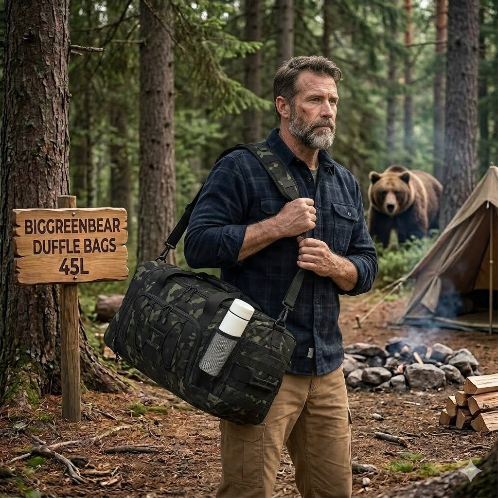 Man with a duffel bag in a forest setting with a bear and camping equipment.