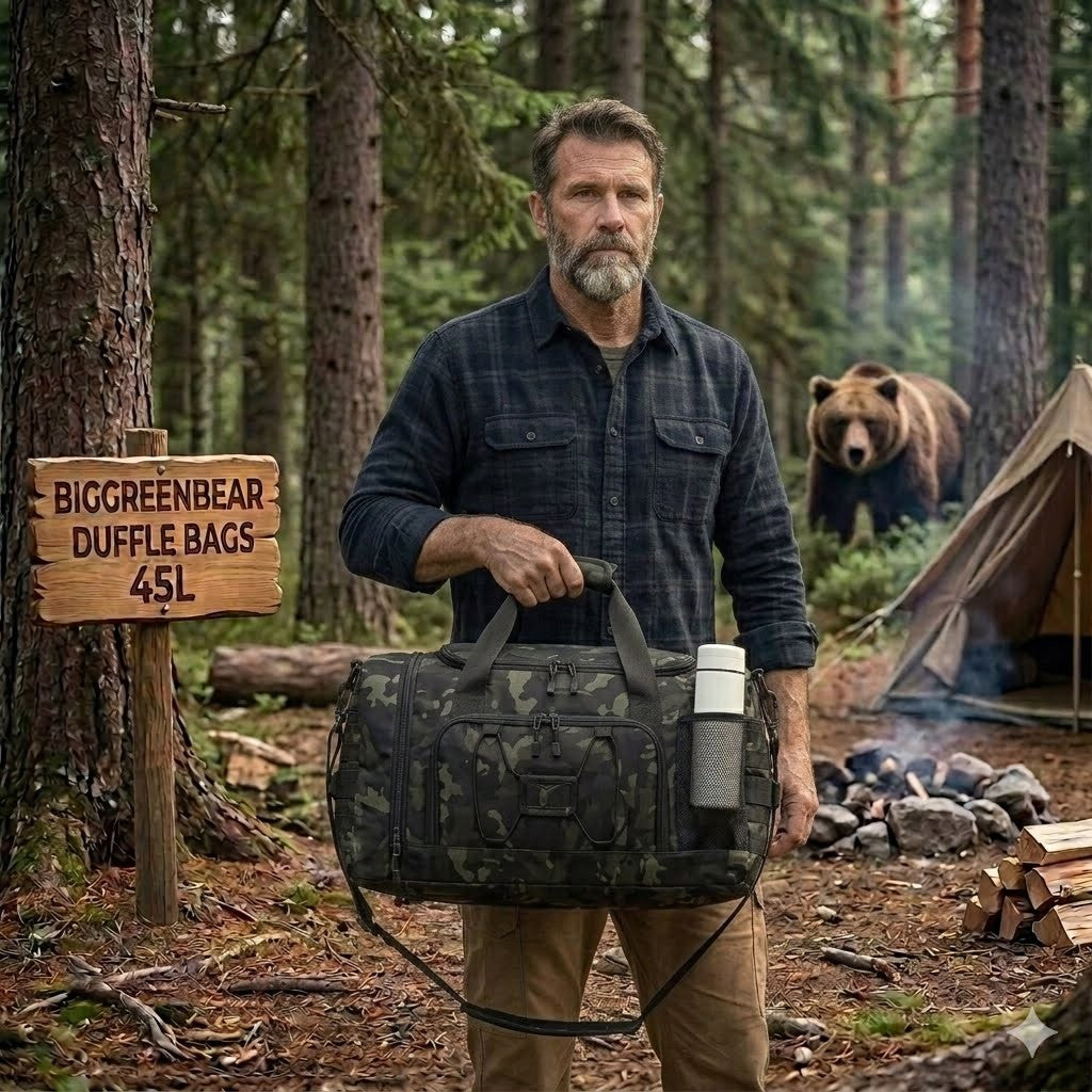 Man holding a camouflage duffel bag in a forest with a bear and camping setup.