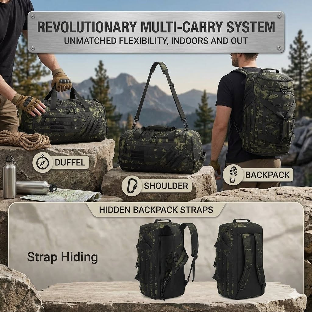 Camouflage backpacks and duffel bags with a person using them outdoors, featuring text about a revolutionary multi-carry system.