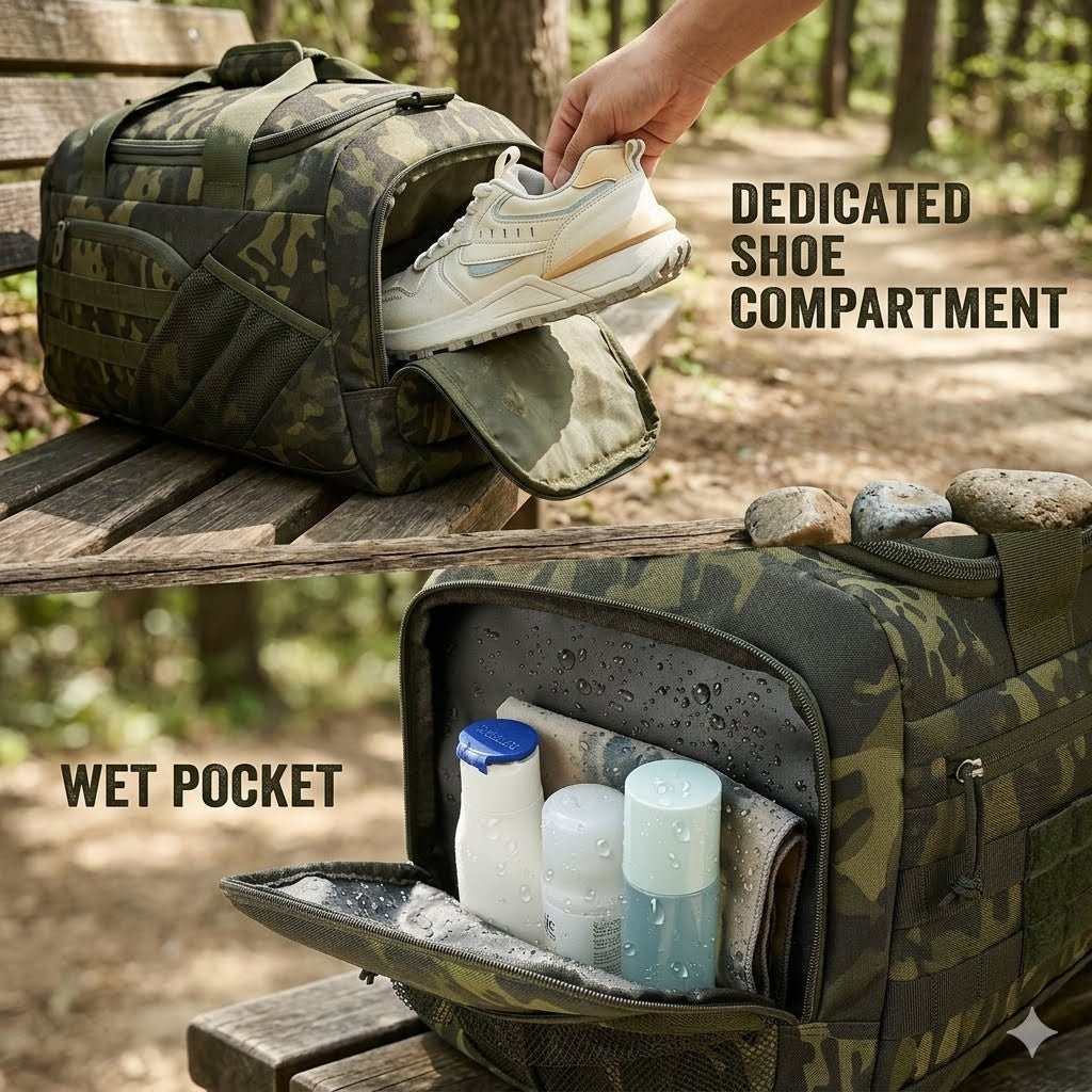 Camouflage duffel bag with shoe compartment and wet pocket in a forest setting