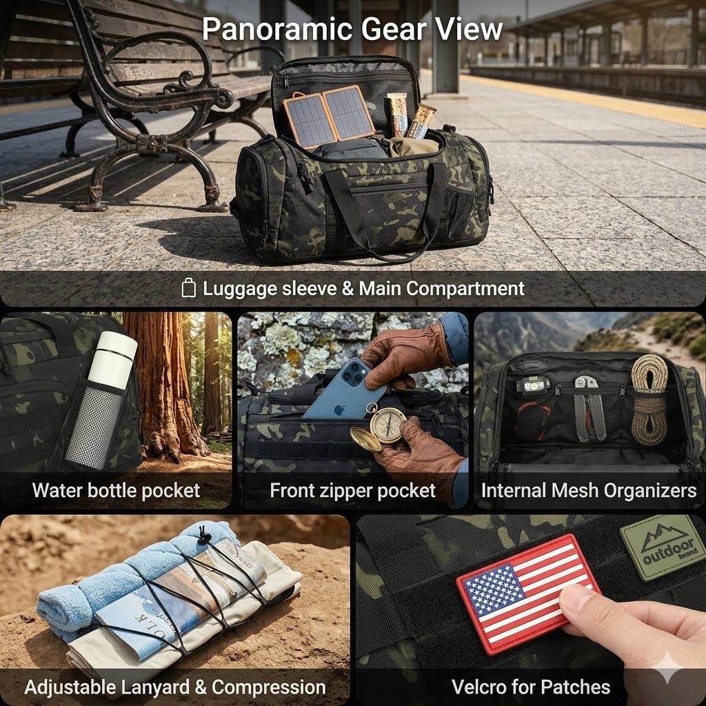 Camouflage duffel bag with various compartments and features displayed on a platform.